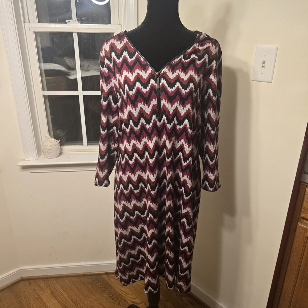 Tacera Chevron Print 3/4‎ Sleeve Zip Front V-Neck Midi A-Line Dress Size L